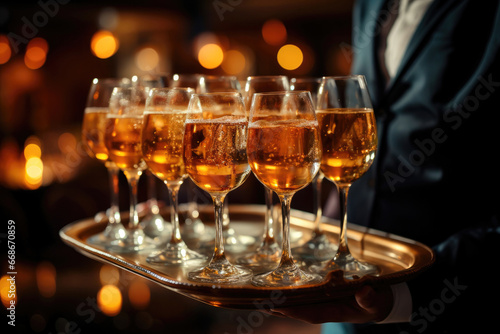 Glasses and champagne on a tray on the waiter s hand against the background of side lights