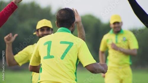 Player Taking Down the Wicket After a Fielder Passing the Ball. Yellow Team Players Gather to Celebrate a Successful Victory Over Competitors. Handheld Cricket Footage with a Team Winning a Match photo