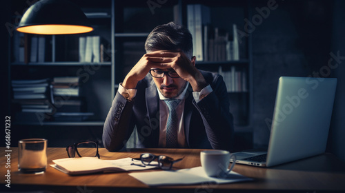 business person sitting at office desk,  stressed with work on their laptop, having challenges and pressures in professional life
