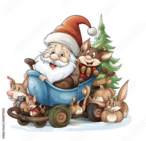  gnome riding in a whimsical sleigh