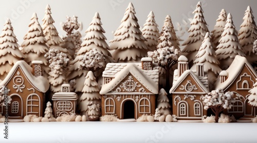 Christmas background with houses and fir trees made of gingerbread cookies with icing sugar. 