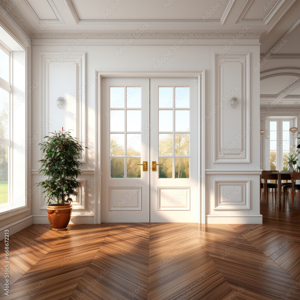 White entrance doors in a private house in the living room in a classic style White entrance doors in a private house in the living room in a classic style