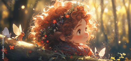 lovely sweet little curly red-haired child fairy in the woods during autumn, with tiny winged fairies, wreath of little flowers on head. Fantasy illustration with cartoon girl, big eyes, dreamy fable photo