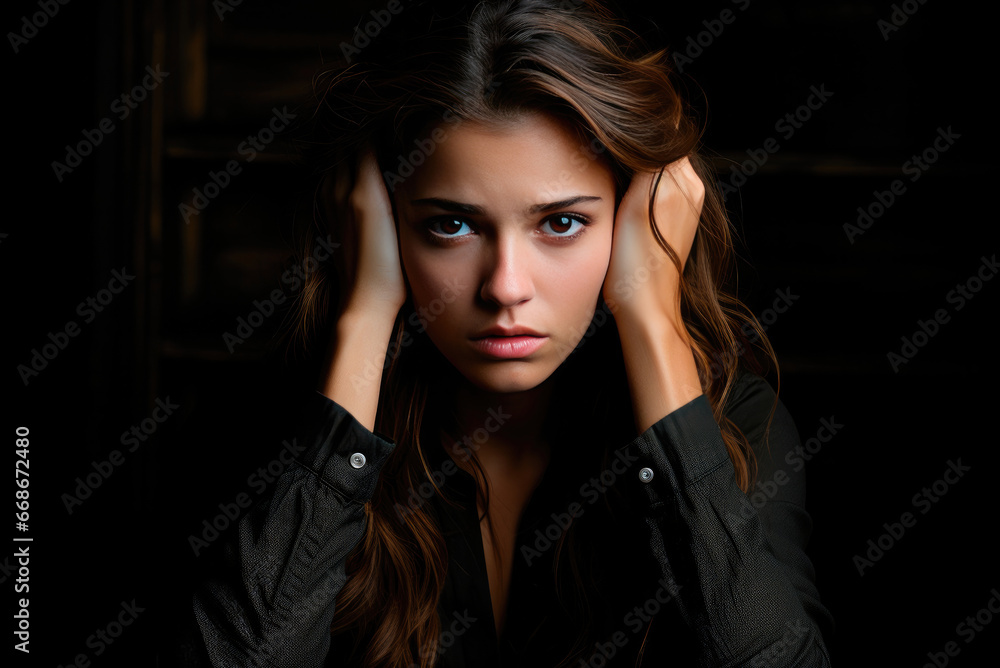 Sad and worried young woman suffers from depression, mental disorders. She sits thoughtfully with her hands on head Sad and worried young woman suffers from depression, mental disorders. She sits thoughtfully with her hands on head