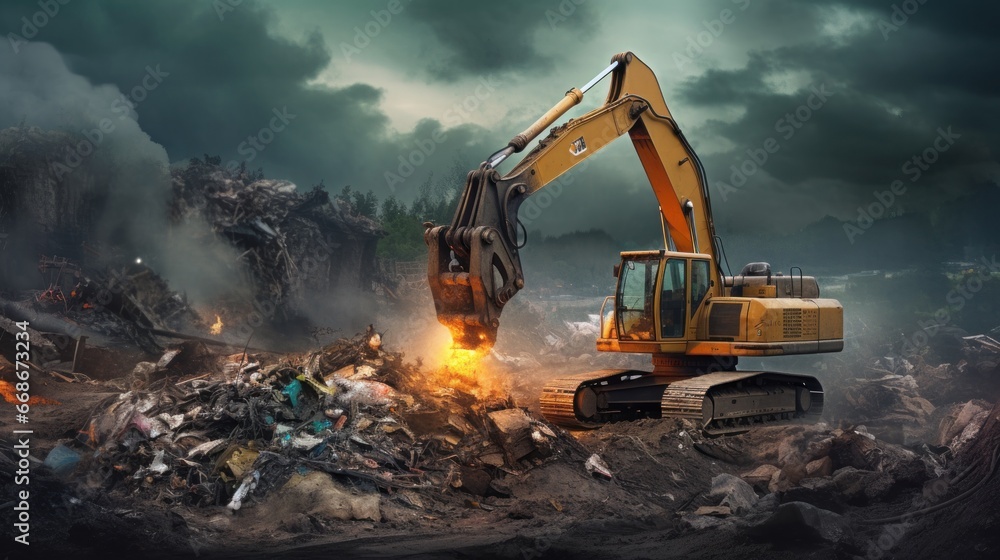 A excavator is working on a pile of garbage. A excavator is working on a pile of garbage.