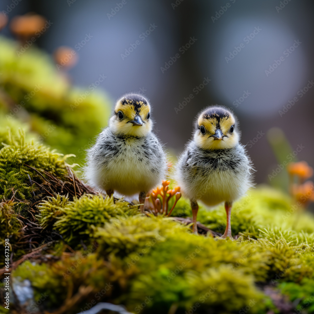 Two adorable golden plover chicks in grass outside in spring