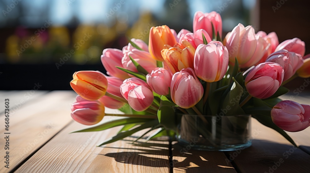 Tulips flower bouquet on wooden plank. Generative AI. - obrazy, fototapety, plakaty 