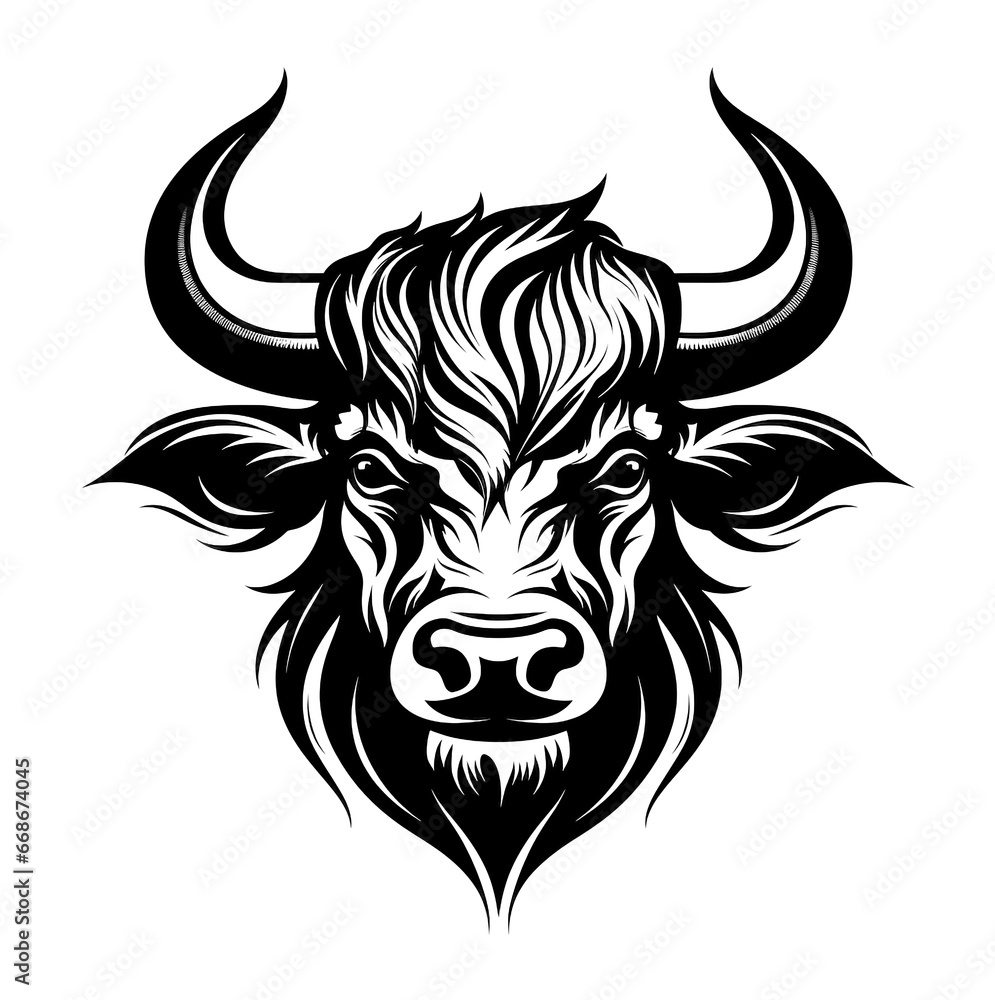 Logo image of a bull, cow, black and white, for design, on a white background. Logo image of a bull, cow, black and white, for design, on a white background.