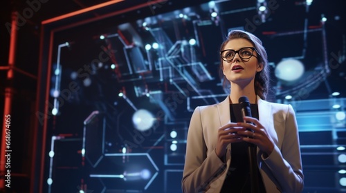 A female emcee in a suit and glasses stands on stage looking at the camera and announcing the opening of a musical performance. In a bright room with LED screen and night light