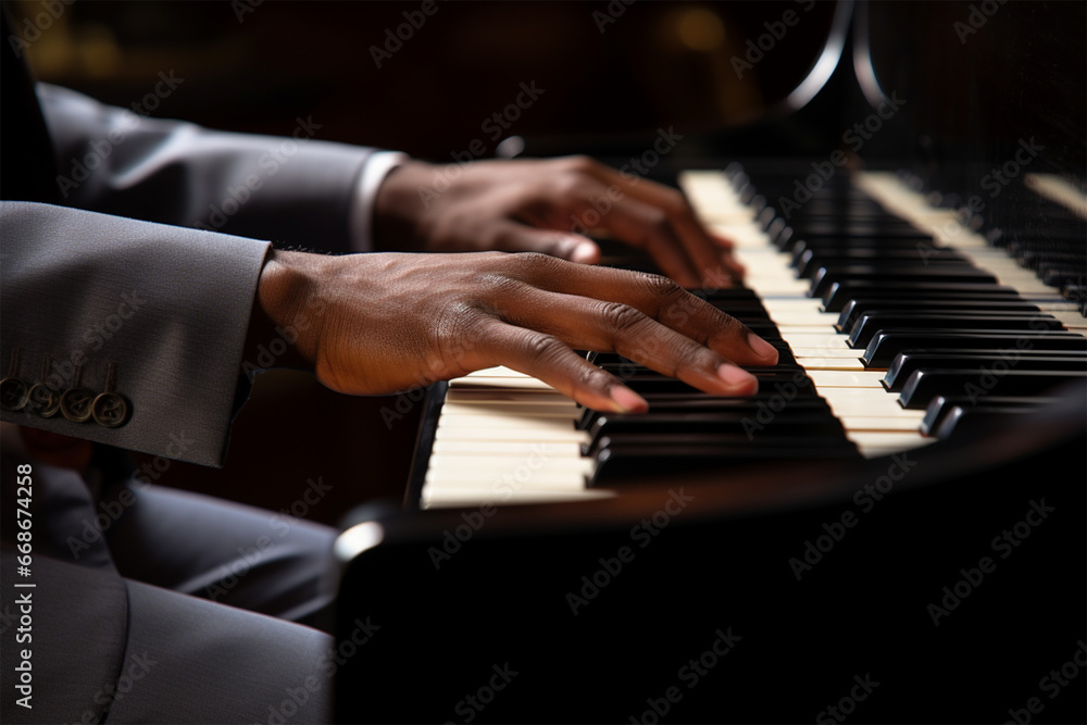 Fototapeta premium hands of an African-American pianist in a suit plays the piano, close-up. music theme concept
