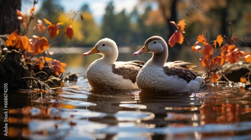 Two ducks on pond in park in autumn. Generative AI.
