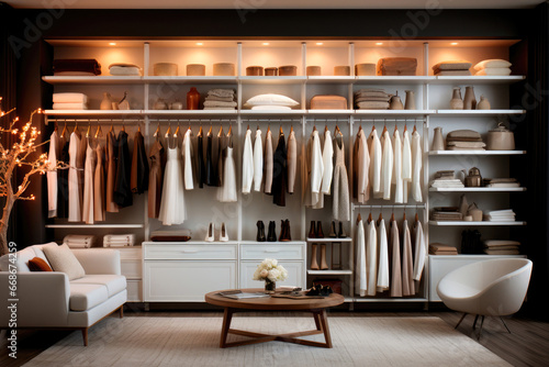 Modern wardrobe with women's clothes hanging on a hanger in a designer interior © Sunshine