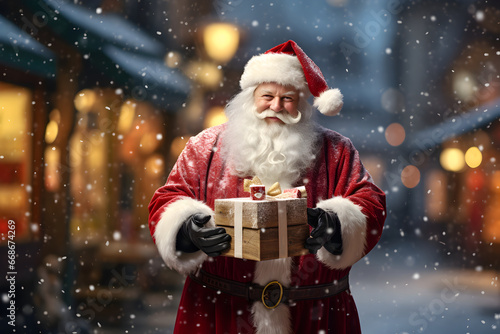 Happy Santa Claus outdoors in snowfall with christmas gift box in the hands. © AnaWein