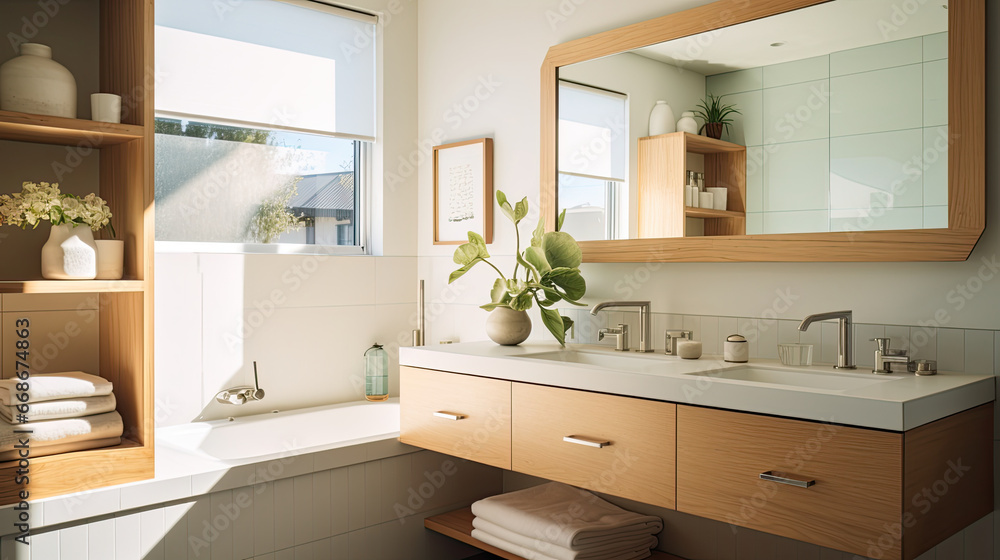 Mid-Century Modern home interior bathroom, Featuring clean lines, organic shapes, and functionality, this style blends retro and modern elements