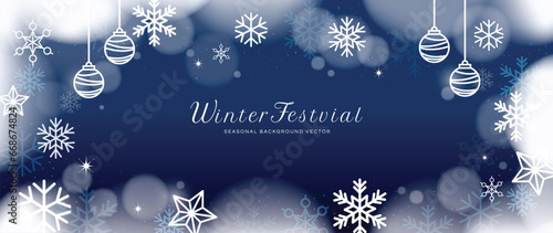 Winter festival seasonal background vector illustration. Christmas holiday event snowfall, snowflake, sky, night, twinkling, decorative ball. Design for poster, wallpaper, banner, card, decoration.