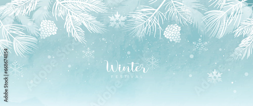 Winter festival seasonal background vector illustration. Christmas holiday event snowfall, pine cone, foliage, snowflake with watercolor texture. Design for poster, wallpaper, banner, card, decoration