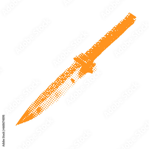 Vintage dagger, knife - Halloween halftone dotted realistic clipart. Offset texture Vintage illustration in 90s grunge style