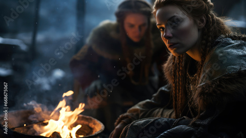 Image of women dressed in viking costumes near a fire