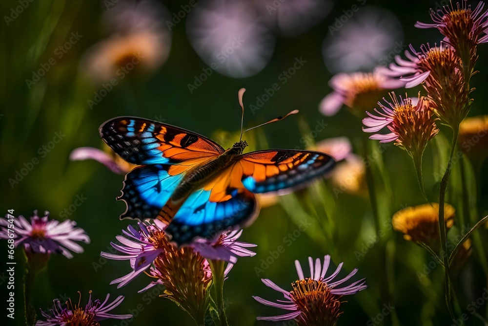 butterfly on flower summer background. Generative AI technology