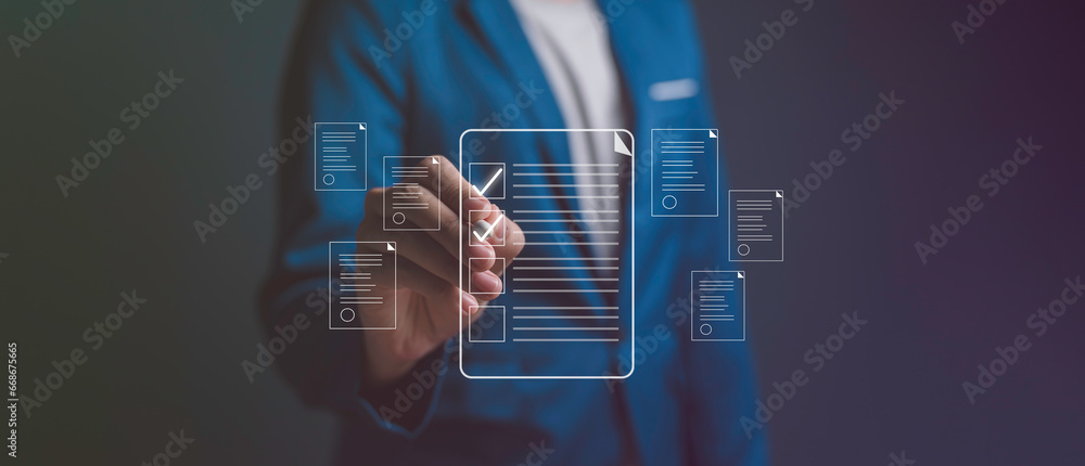 Businessman working on tablet with electronics document icons, E-document management, online documentation digital folder database, paperless office concept. - obrazy, fototapety, plakaty 