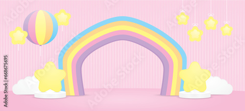 cute kawaii sweet colorful pastel house shape rainbow arch with stars and balloon on pink wall and floor background 3d illustration vector for putting object or product