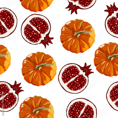 Fototapeta Naklejka Na Ścianę i Meble -  Seamless pattern with pumpkins and pomegranate. Bright fall print with pumpkins. Autumn background,template,wallpaper.