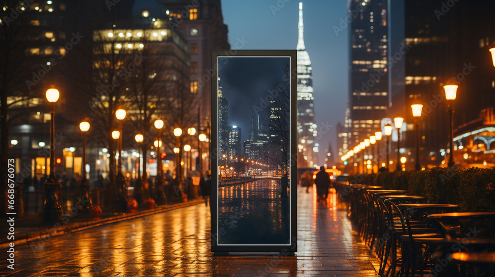 Empty frame on a cityscape background mockup