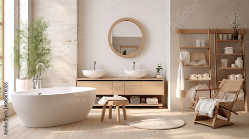 Scandinavian home interior bathroom, Characterized by light colors, minimalistic design, natural materials, and functionality © Erich