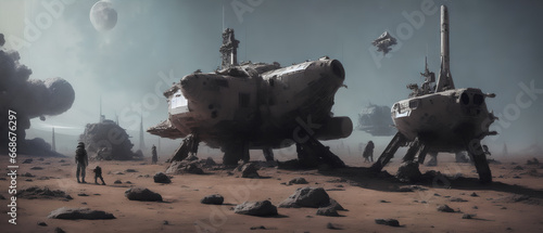 Ruin of an alien spacecraft on a barren, uncharted planet. Generative AI. © 4K_Heaven