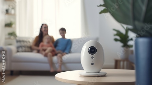 A close-up of a modern Wi-Fi security camera mounted on a white wall turns to a family sitting on a sofa in the blurred background photo