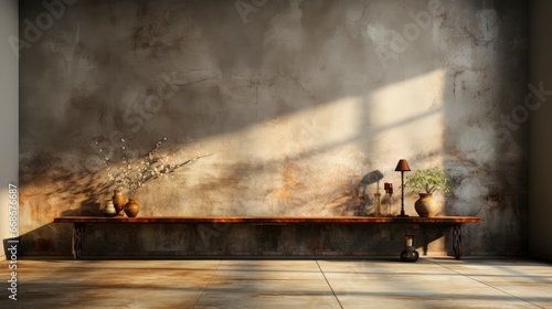 Loft-style room with rustic wall, sunlight beams, wooden table, candles, and autumnal foliage accents.