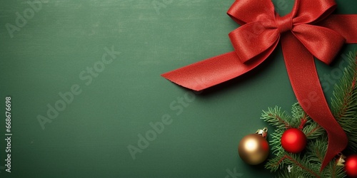 The décor is designed against a minimal Christmas backdrop with a gold ball with pine branches and a red bow with a green copy area.