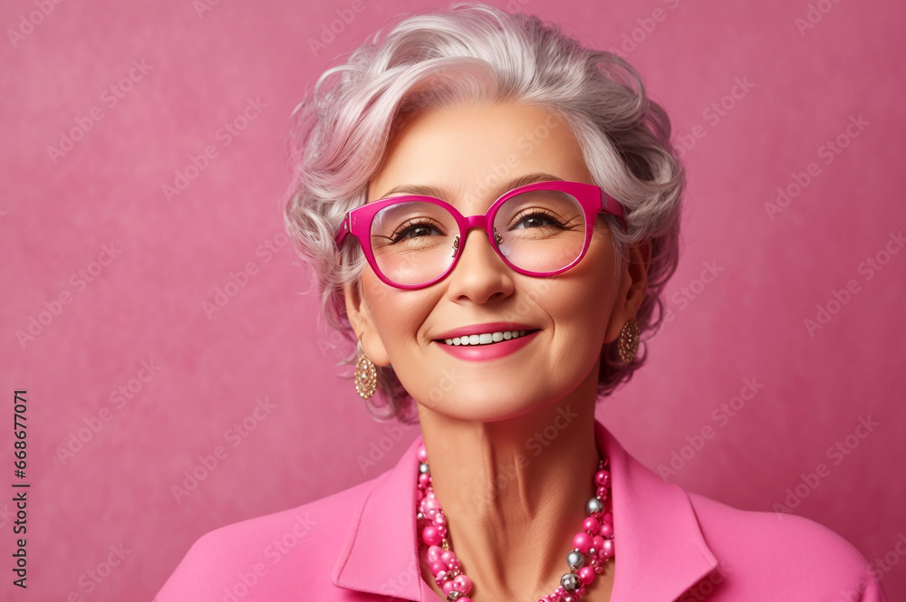 Happy senior woman in colorful pink suit, classic glasses, keeps smiling in fashion studio on pink background