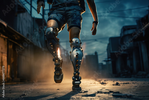 Robotic artificial legs on human body, dynamic pose, creative illustration