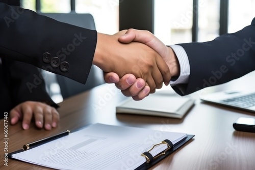 Shaking hands. Make a deal. Shadow business and secret government agreements. Photo of two influential men shaking hands in a blurred office background.