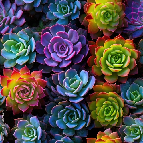  View from above  high quality photo layout of a variety of succulents in rainbow color  photography with flat lighting  without dark spots. 3d Background image  texture.Top view