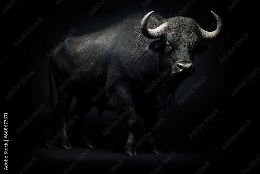 Massive black bull isolated on black background, photorealistic art
