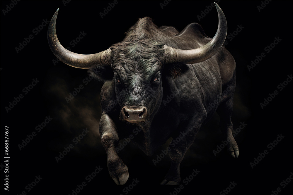 Corrida. Black bull running in the clouds of dust, stunning illustration, dark background
Corrida. Black bull running in the clouds of dust, stunning illustration, dark background