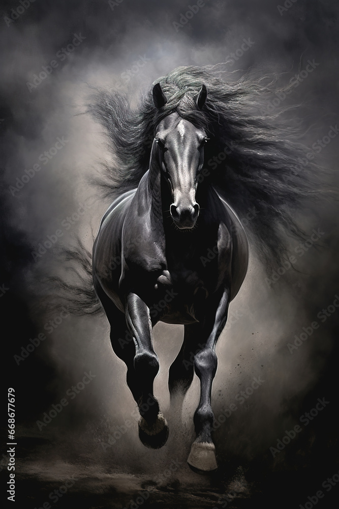 	
Gorgeous black horse galloping through the smoke, stunning illustration generated by Ai