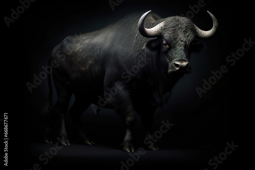Massive black bull isolated on black background, photorealistic art 