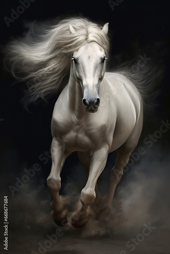 Gorgeous white horse galloping through the smoke  stunning illustration generated by Ai