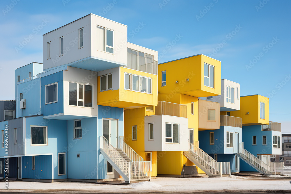Residential apartments buildings, cubic style, summer colors Residential apartments buildings, cubic style, summer colors