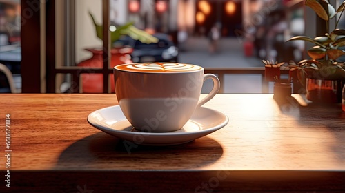 Coffee table, mug or empty store, restaurant or diner cafe for beverage service, drink sales or hospitality industry. Tea cup, commerce market shop or startup small business with hot chocolate latte