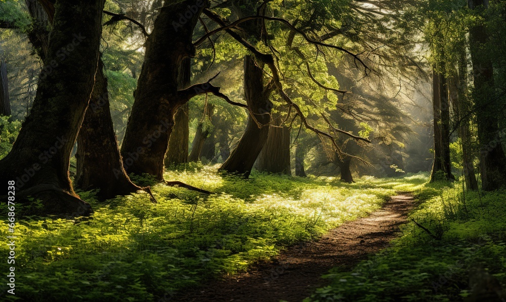 
Path in the forest. Shadow of leafy trees, play of light and shadow. Forest dappled with sunlight, enchanted fairy tale style. Calm and serene environment surrounded by nature. Sunlit
