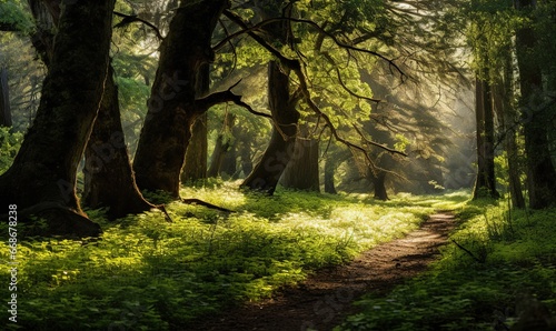  Path in the forest. Shadow of leafy trees, play of light and shadow. Forest dappled with sunlight, enchanted fairy tale style. Calm and serene environment surrounded by nature. Sunlit