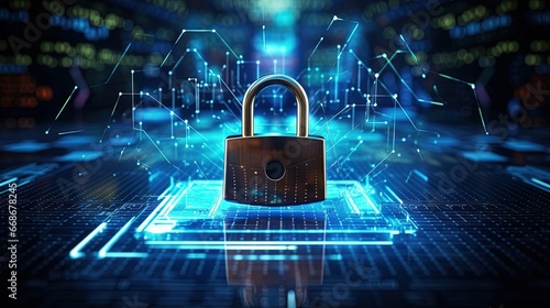 cyber security concept and internet privacy data protection Modern showing padlock protecting business and financial data to protect personal information on digital devices, data governance photo