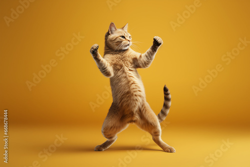 ginger cat standing on hind legs dancing isolated on plain yellow studio background
