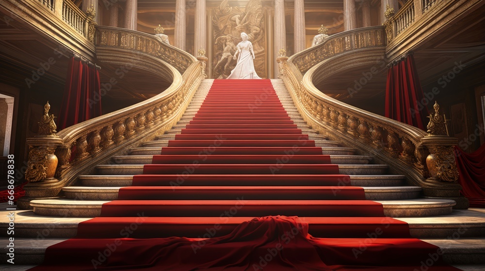 Red carpet on staircase marking the route taken by vips and celebrities on ceremonial events Red carpet on staircase marking the route taken by vips and celebrities on ceremonial events
