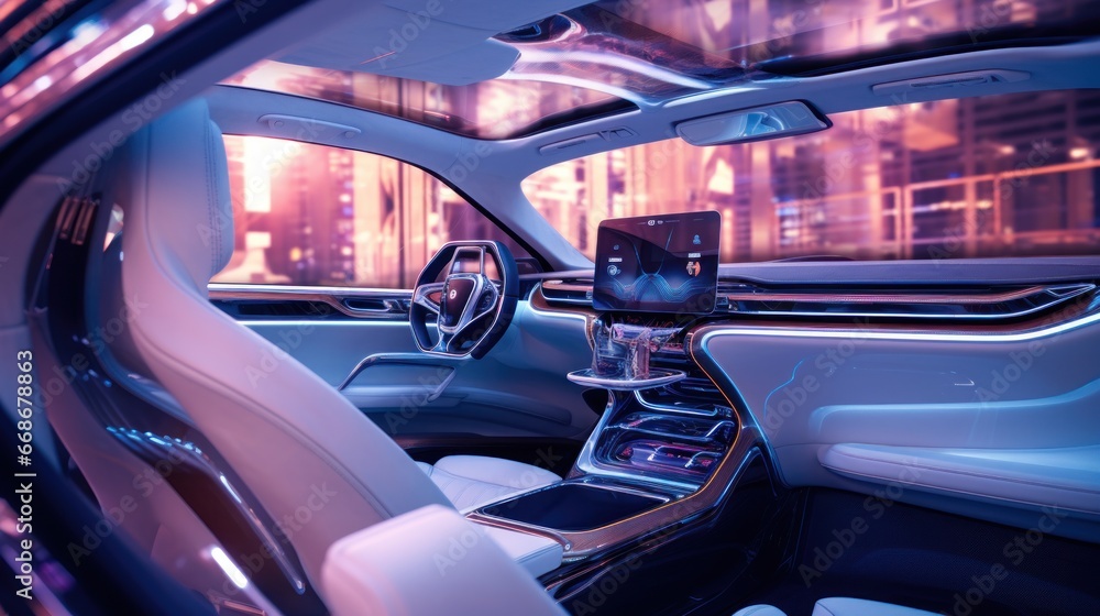 Interior of an automatic car Driverless vehicle, 3D image telephoto lens natural lighting Interior of an automatic car Driverless vehicle, 3D image telephoto lens natural lighting