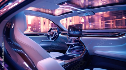 Interior of an automatic car Driverless vehicle, 3D image telephoto lens natural lighting